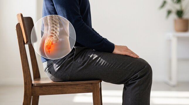 Coccyx tailbone pain concept with glowing red anatomy overlay on a person seated on a hard wooden chair