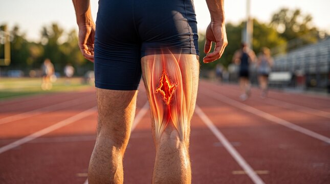 Hamstring and thigh muscle pain concept with glowing red anatomy overlay on a runner on an outdoor track