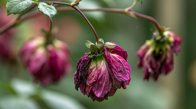 Withered dahlia flowers are hanging from a branch, showing the natural process of decay and the beauty in the fading stage of a plant's life cycle