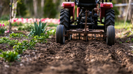 Obraz premium Small tractor tilling fresh garden soil, cultivating earth for new spring growth and organic farming, preparing land for planting season