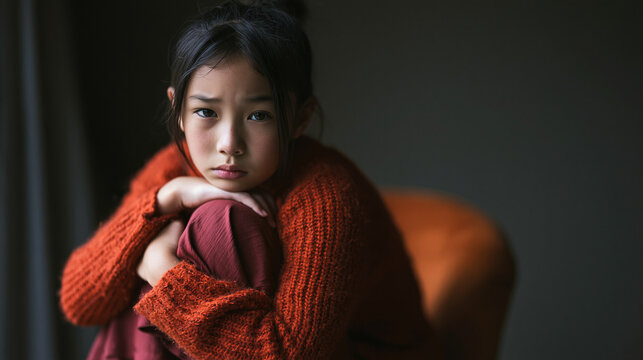 Young asian girl feeling lonely and suffering from mental health issues. Sitting curled up and looking at viewer with a melancholic expression against a dark background, copy space