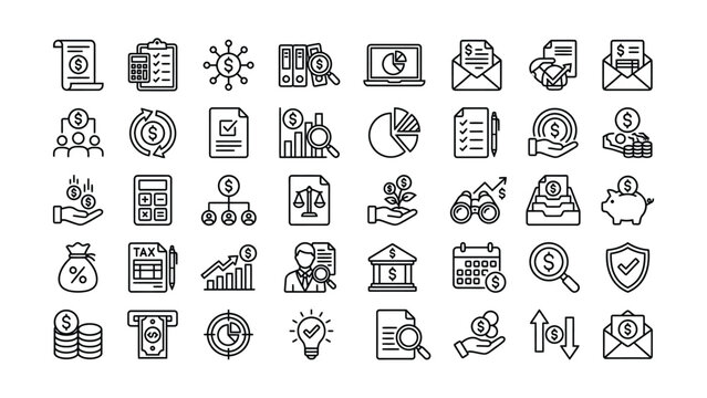 Comprehensive financial management and business line icons set representing accounting banking investment and money concepts for modern design needs