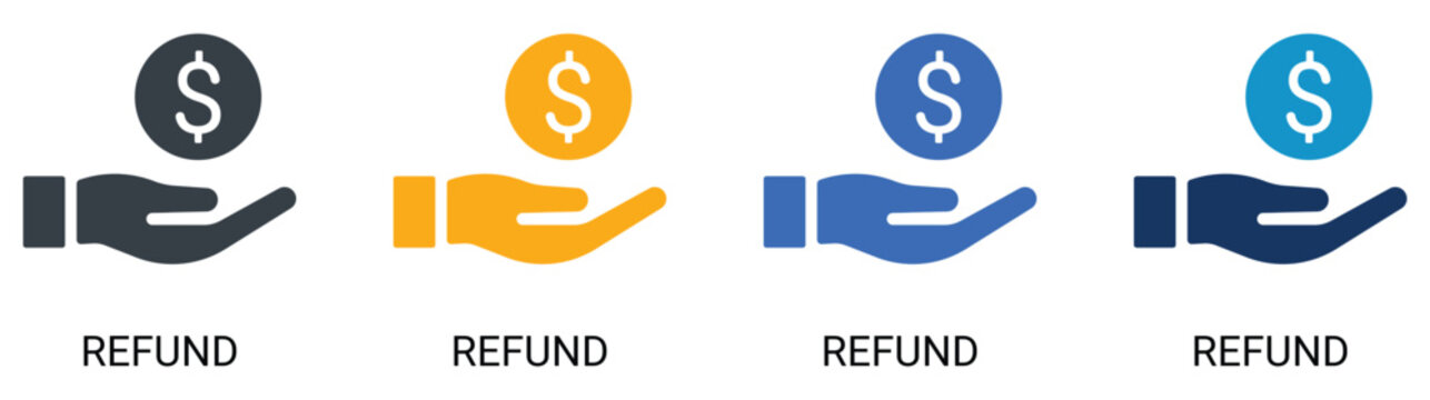 Financial refund and cashback guarantee solid icon set, human hand receiving dollar coin, business money back return and corporate compensation vector.
