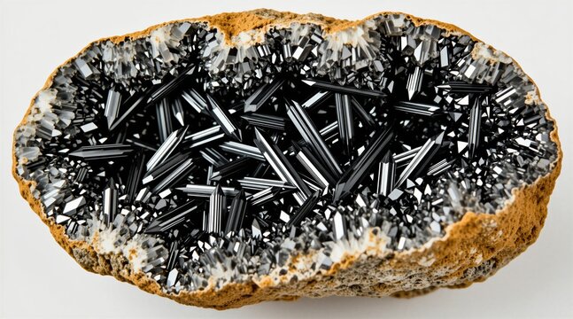 Cross section of rough rock mineral geode showing sharp black tourmaline crystals clustered inside. Natural hollow cave with glittering facets and textured brown exterior on white.