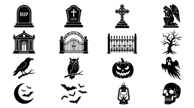 Premium silhouette icon set including gravestones, crosses, angel statue, mausoleum, iron gate, fence, dead tree, raven, owl, pumpkin, ghost, moon, bats, lantern, and skull. Isolated on white. white b