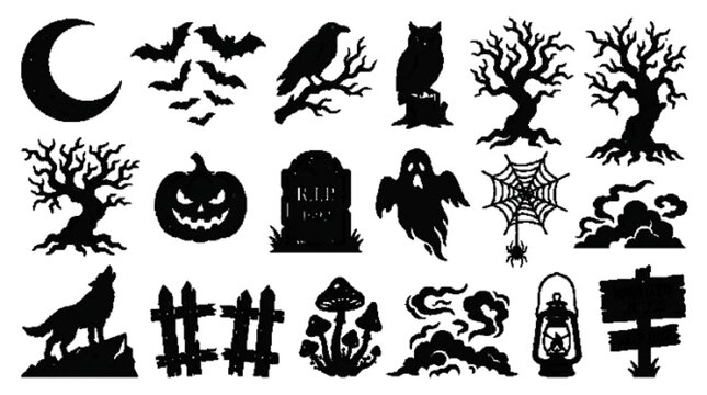 Halloween silhouette vector collection with haunted trees, bats, owl, raven, pumpkin, gravestone, ghost, spider web, moon, wolf, broken fence, mushrooms, fog shapes, lantern, and abandoned sign. Bold 