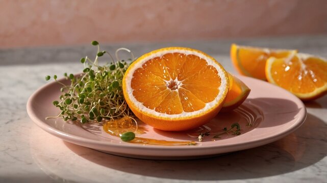 Freshly cut orange slices on a pink plate with microgreens, showcasing vibrant colors and textures