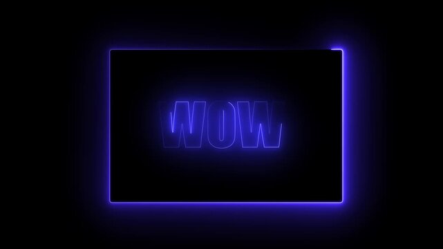 WOW text typography animation inside a rectangular border frame on dark black background for surprised reaction concept, modern creative expression banner, social media video intro opener