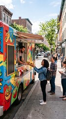 Obraz premium Woman buying food from a colorful food truck on a city street