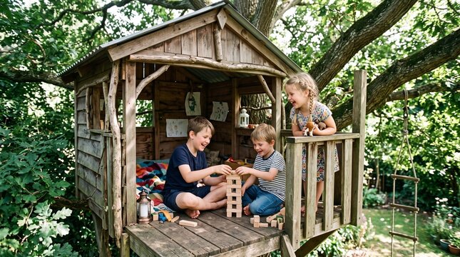 Three children playing with wooden blocks in a rustic treehouse
