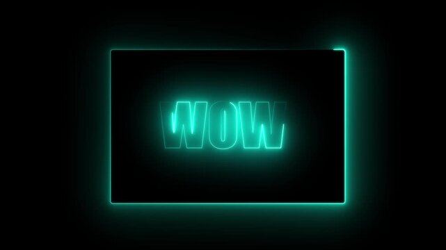 WOW text typography animation inside a rectangular border frame on dark black background for surprised reaction concept, modern creative expression banner, social media video intro opener