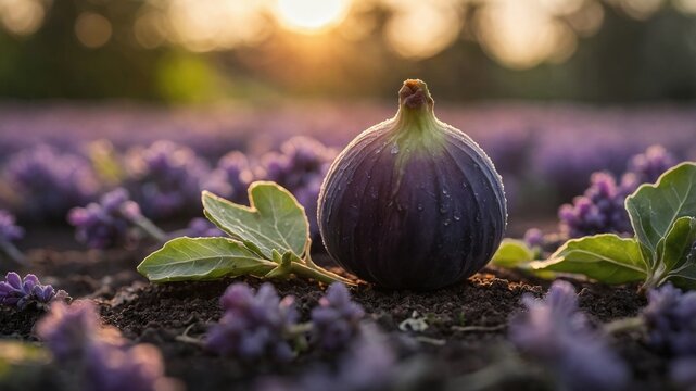 Ripe fig resting on soil amidst blooming lavender fields at sunset, showcasing nature's beauty