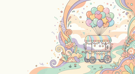 A whimsical pastel vector illustration features a decorative cart with colorful balloons traveling along a magical path under a rainbow sky. © Regina