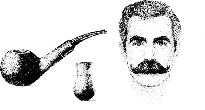 Vintage stippled briar pipe with vulcanite stem and male portrait for retro background packaging and label design
