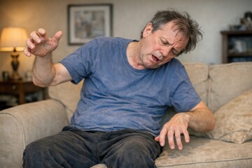 Fototapeta premium A person sitting on a couch with their hands up, possibly feeling relaxed or stressed