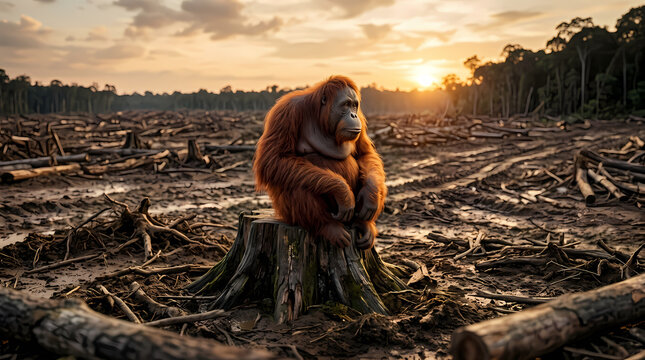 Orangutan sitting on tree stump in deforested landscape at sunset