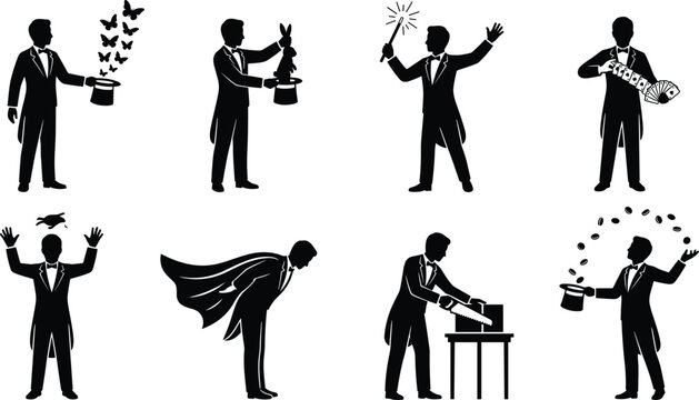 Collection of eight magician silhouettes performing magic tricks and illusions with props and hats