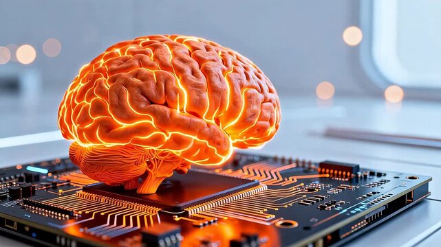 Human brain with glowing neural pathways on a circuit board