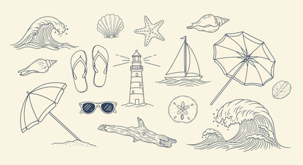 Fototapeta premium Summer Beach Elements Collection: Seashells, Waves, Lighthouse, Boat, Umbrella, Glasses