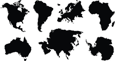 Set of black silhouettes representing the seven continents of the including north america, south america, europe, africa, asia, australia, and antarctica © Sifat