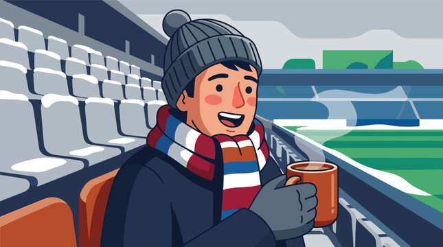 Flat vector illustration of a male soccer fan wearing a beanie, scarf, and gloves, holding a steaming mug of hot chocolate in a snowy, empty stadium during winter season.