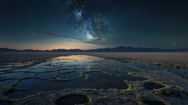 Night sky over unique salt flats with reflective water pools and distant mountains under starlight