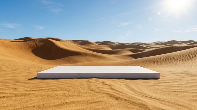 Desert podium display white platform for product showcase in sandy dunes