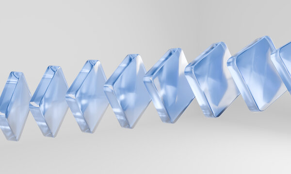 3D Blue glass crystal abstract wave transparent geometric shape glossy blue glass crystal abstract wave with transparent geometric shape clean gray