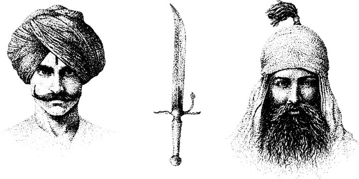 Rajput warrior portrait with khanda sword in black and white stippling for historical poster and design background