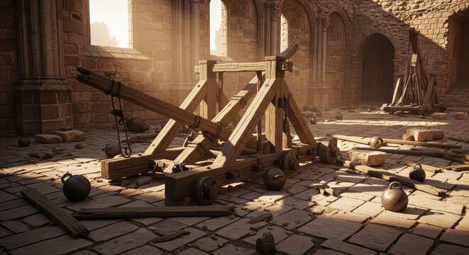 Remains of a Wooden Siege Catapult in Ancient Stone Ruins