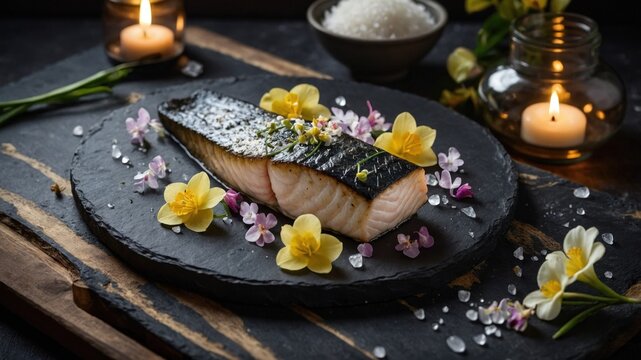 Elegant presentation of grilled salmon on a slate plate, adorned with flowers and candles, creating a serene dining atmosphere