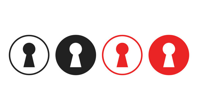 Set of Four Keyhole Icons in Black and Red Minimalist Style