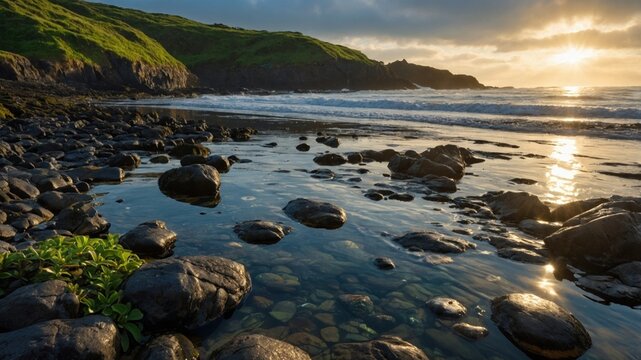 Serene coastal landscape at sunset with smooth stones and gentle waves reflecting warm light