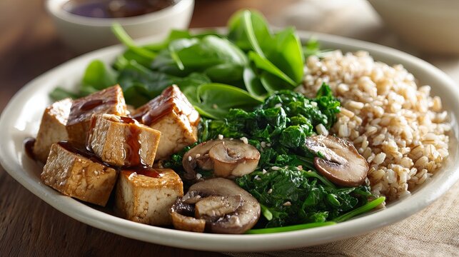 Healthy vegetarian bowl with grilled tofu, brown rice, fresh spinach, sauteed mushrooms, and a vibrant, delicious glaze