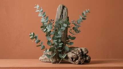 Fototapeta premium Eucalyptus branches on driftwood against terracotta background