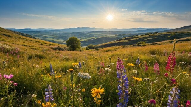 Vibrant wildflower meadow in rolling hills under a bright sun, showcasing nature's beauty and tranquility