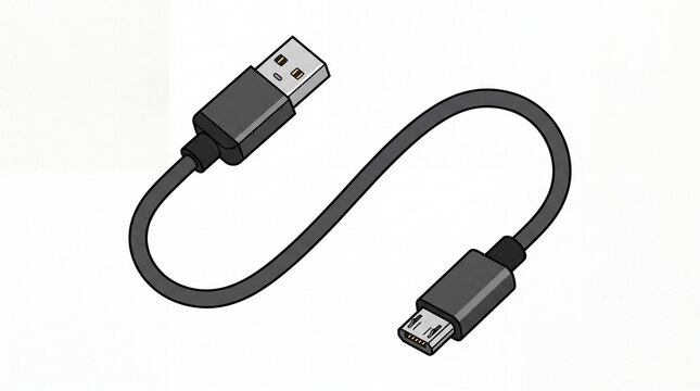 Detailed black micro usb charging cable with silver metal connectors shown on transparent background