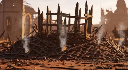 Obraz premium Remains of a Burnt Out Siege Tower After Battle