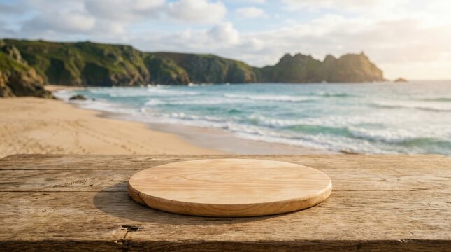 Wooden cutting board on a beach with a scenic ocean view