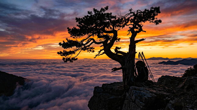Silhouette of a lone pine tree on a cliff edge above clouds at sunset
