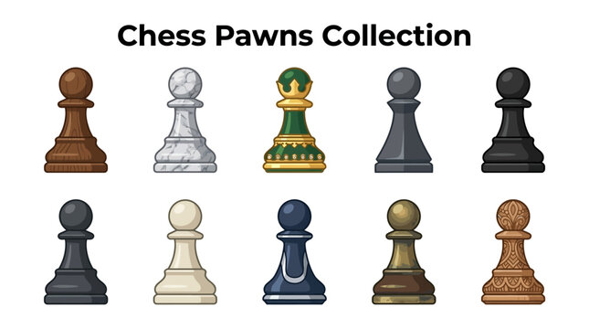 Premium flat vector illustration featuring elegant chess pawn pieces in various premium wooden, marble and tournament styles isolated on a white background.
