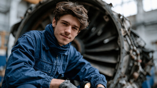 Aviation maintenance technician in jumpsuit inspecting turbine blades inside jet engine cavity with inspection light, close up detail, aircraft safety check, aerospace