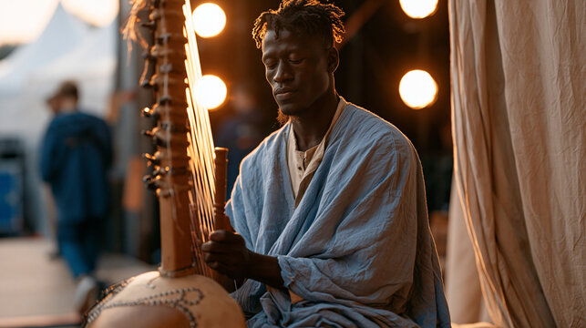 West African kora player tuning his instrument backstage at an autumn outdoor cultural festival, stage lights glowing behind a curtain, festival crew moving in the background,