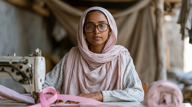 Pakistani seamstress working at a manual sewing machine in a small tailoring workshop, pink ribbon fabric visible on the table beside her, breast cancer awareness month