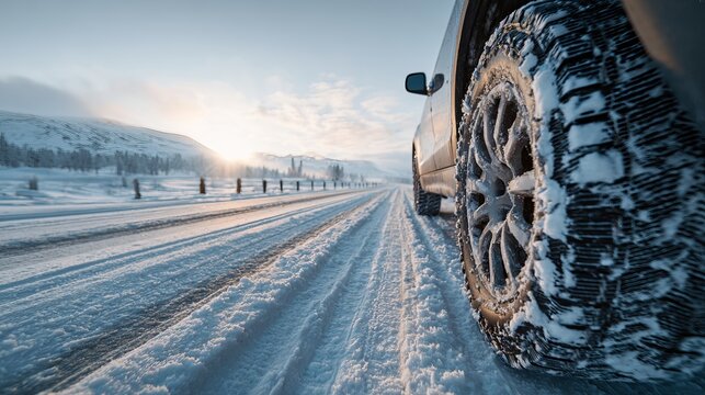 Winter road trip adventure: a silver car drives along a snowy highway at sunrise, showcasing a scenic mountain landscape