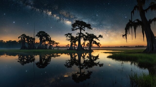 Serene night landscape with cypress trees reflecting in calm water under a starry sky at dusk
