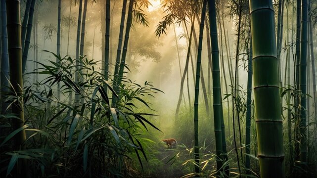 Serene bamboo forest at dawn with soft sunlight filtering through tall stalks, showcasing tranquility