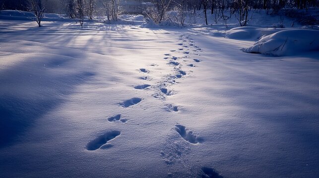 Winter sunlight illuminates a snowy landscape with footprints, showcasing a serene and peaceful outdoor scene in the frosted wilderness