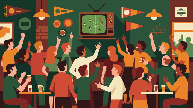 Flat vector illustration of diverse football fans cheering while watching a soccer match on a vintage CRT television inside a retro sports bar with wall pennants and beer mugs.