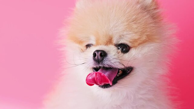 Charming fluffy pomeranian closeup portrait. Puppy looks toward camera with tongue out against pink studio background. Fluffy appearance supports pet advertising, veterinary services, branding